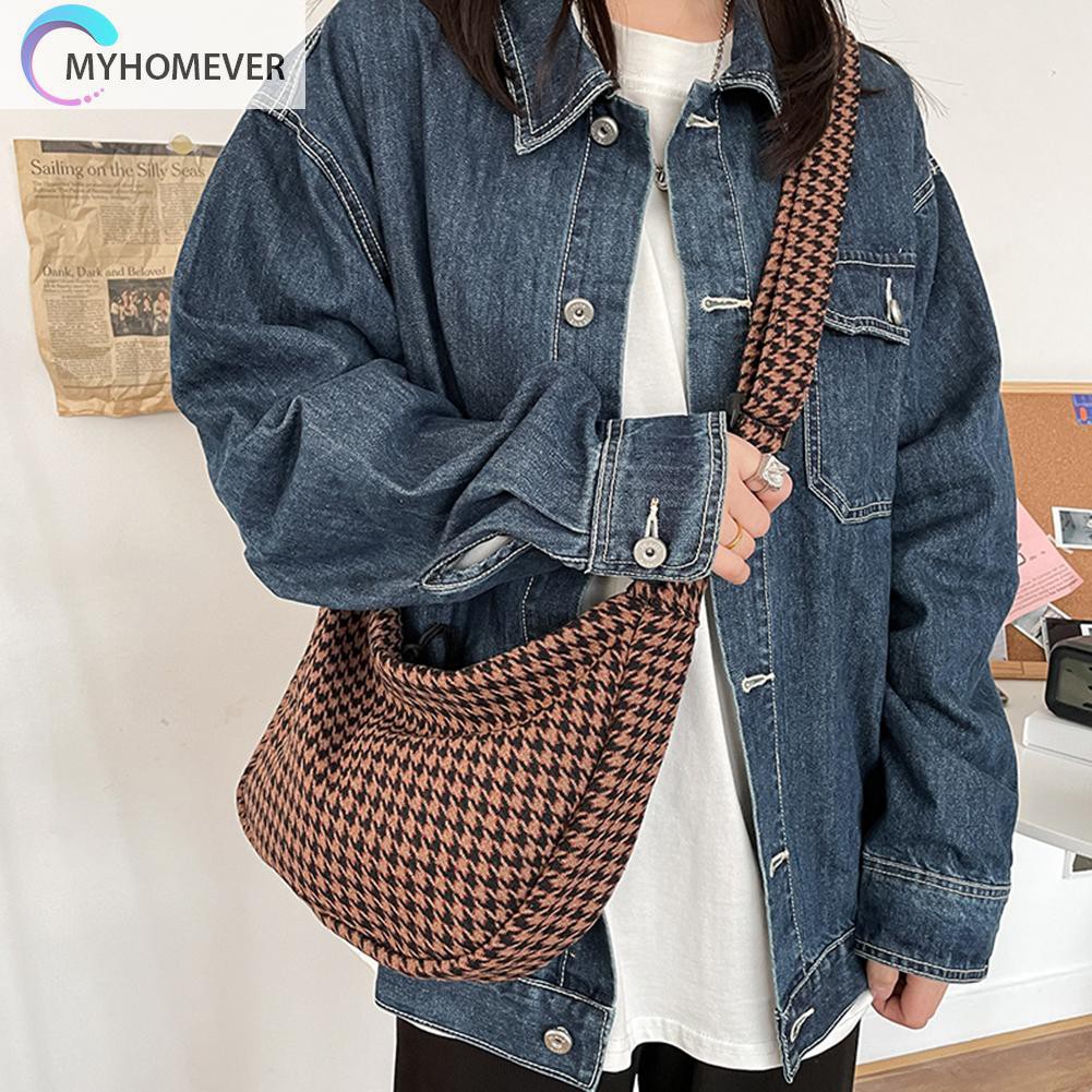 túi Retro Plaid Pattern Shoulder Handbag Women Woollen Messenger Dumpling Bags nữ
