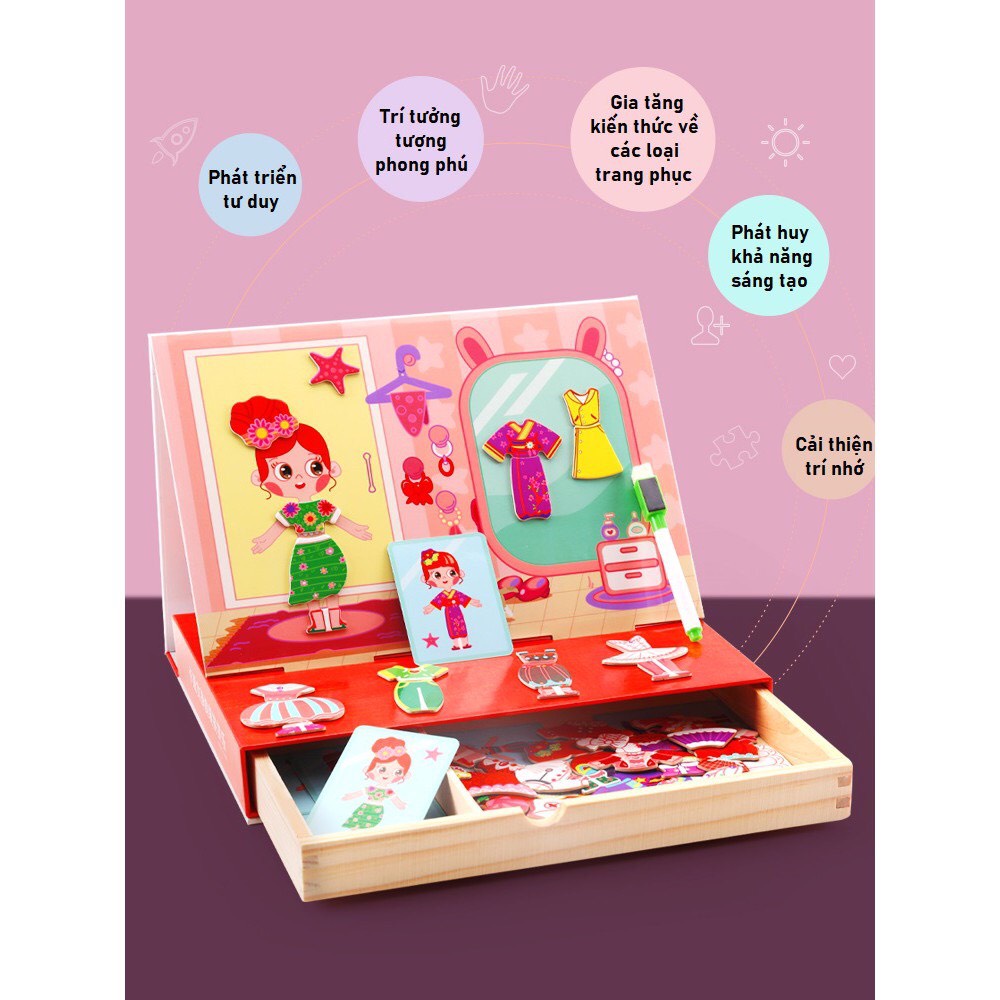 Đồ chơi bé gái-Ghép hình nhà thiết kế thời trang-Thay trang phục cho nhân vật hoạt hình siêu Cute-Đồ chơi gỗ có nam châm