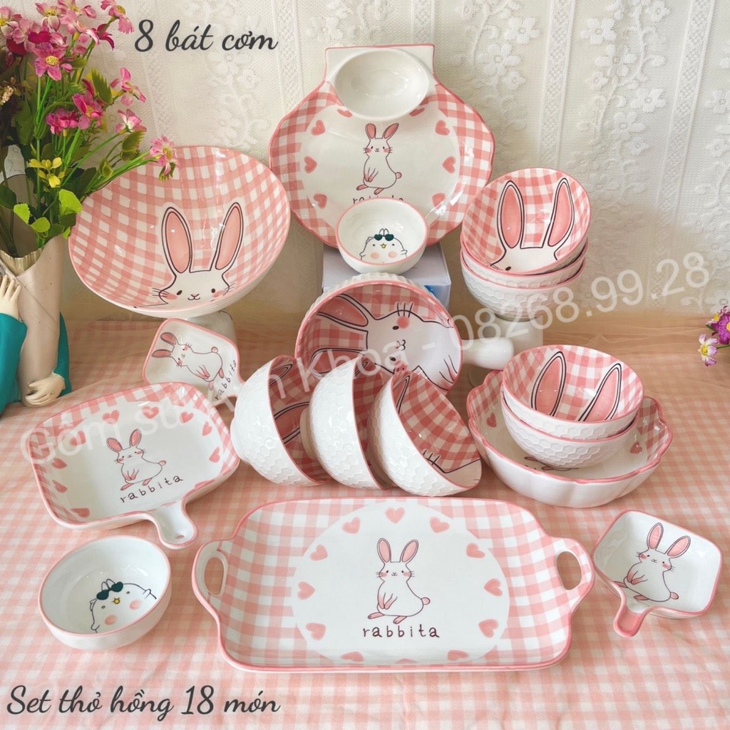 Chén Dĩa Dễ Thương Đĩa Sứ Tổng hợp Bộ Bát đĩa Thỏ hồng caro Decor Bát Ăn Cơm xinh yêu.