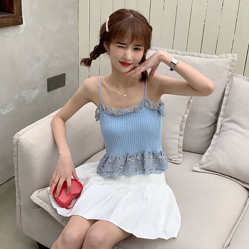 Áo dệt kim 2 dây in hoa xinh xắn cho nữ