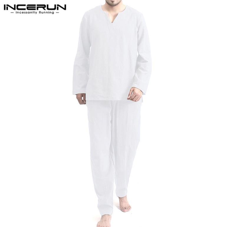 Set Pajama INCERUN thời trang nam áo dài tay màu trơn chất liệu cotton Đẹp