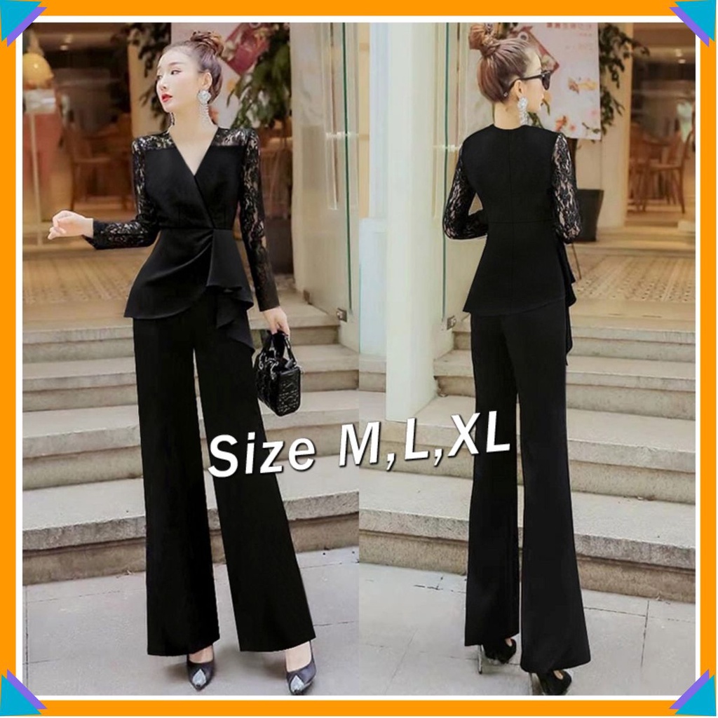 Set nữ sang chảnh nguyên bộ quần dài ống loe lưng thun áo tay dài phối ren xinh xắn TJ1149
