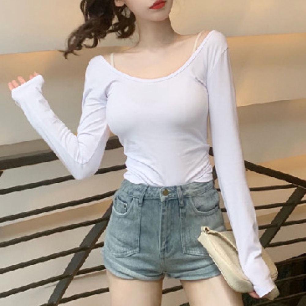 Áo thun tay dài cổ chữ U màu trơn thiết kế ôm sát quyến rũ thời trang cho nữ