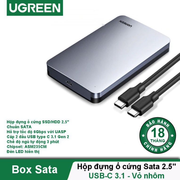 (Giảm Giá) Hộp đựng ổ cứng 2.5 inch SSD, HDD hỗ trợ 6TB, chuẩn SATA UGREEN US221 vỏ nhựa ABS - Hàng chính hãng
