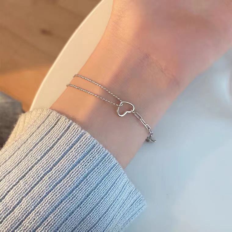 Vòng tay bạc sterling 925 mặt hình trái tim ghép dây xích và dây chuỗi thiết kế nhỏ đơn giản thời trang cá tính cho nữ