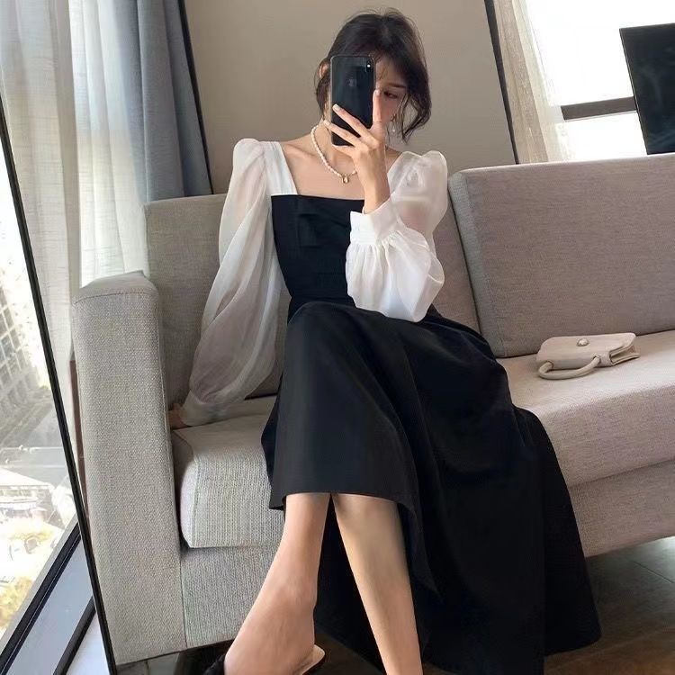 Đầm Lưới Cổ Vuông Tay Dài Màu Đen Phong Cách Pháp Cổ Điển Quyến Rũ Dành Cho Nữ váy nữ bigsize dự tiệc