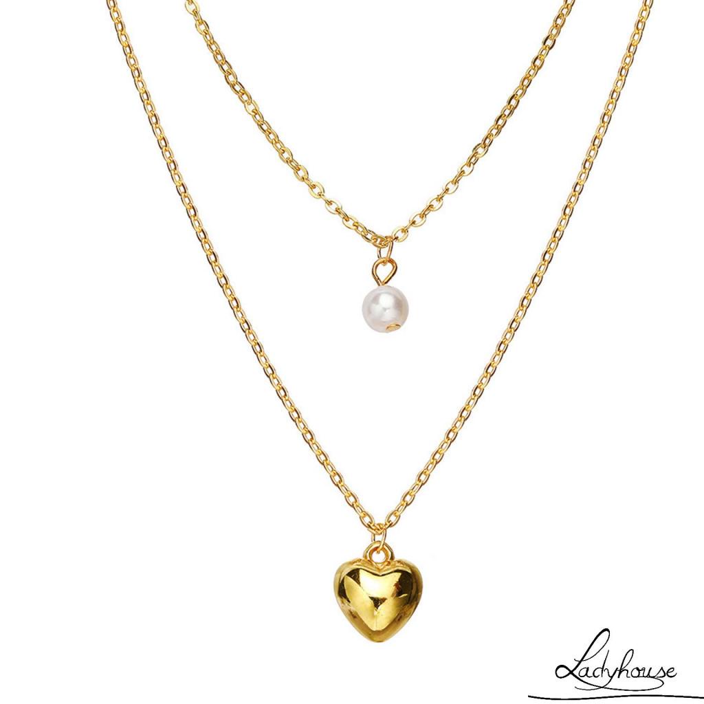 Vòng cổ hai lớp đính ngọc trai nhân tạo hình trái tim thời trang dành cho nữ