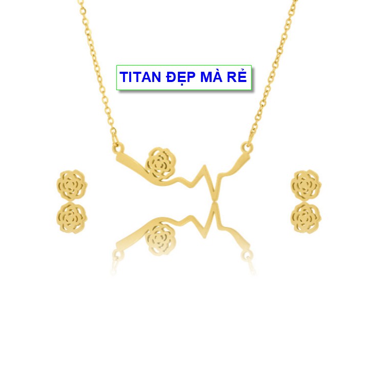 Bộ trang sức kiểu titan nữ liền mặt nhịp tim hoa hồng - Hàng titan vàng 18k sáng bóng đẹp - Cam kết 1 đổi 1 nếu đen