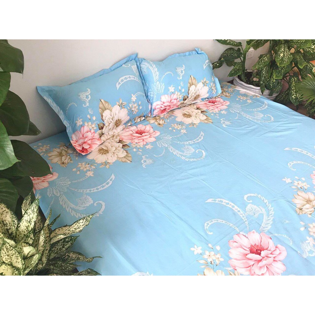 Sét Chăn Ga Gối 5 Món Cotton Poly Emmidecor Mẫu Hoa Xanh