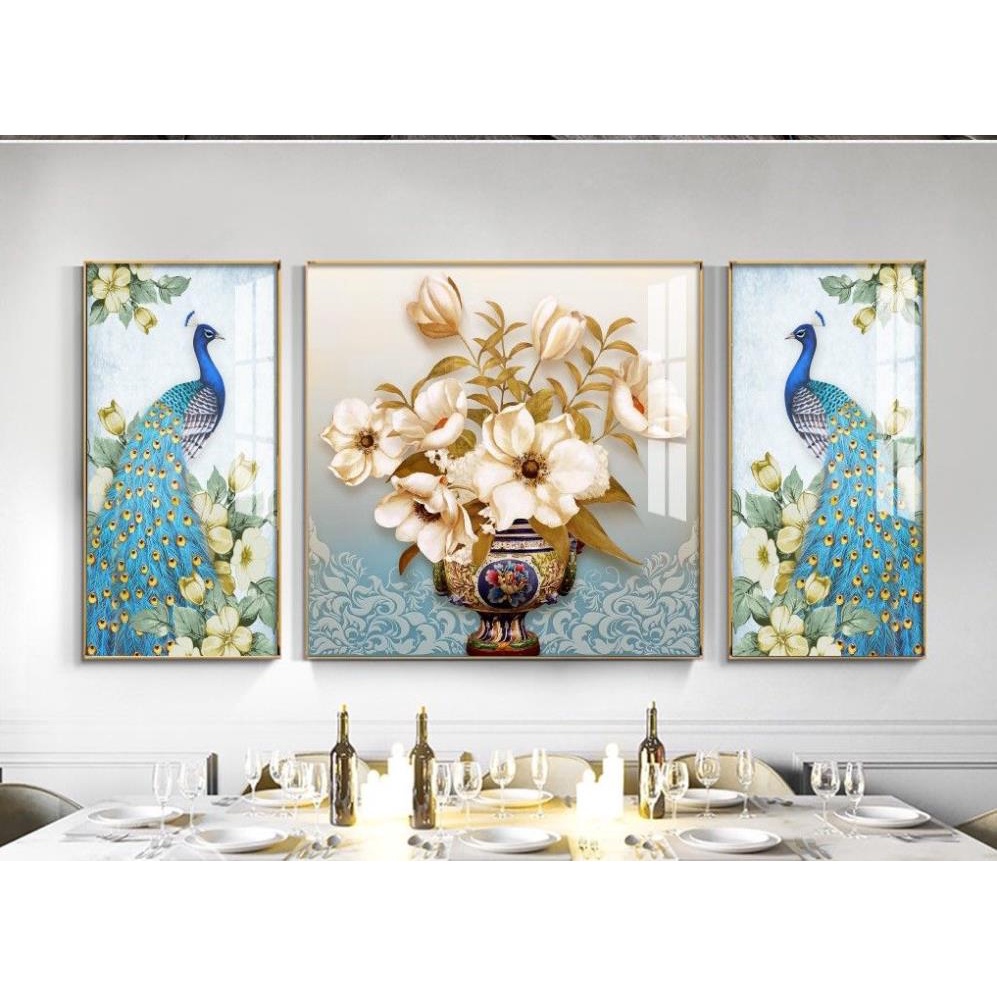 T42 Bộ 3 Tranh Tráng Gương Treo Tường Phòng Khách Hươu / nai Phú Quý / Phòng Ngủ Chim Công Và Bình Hoa