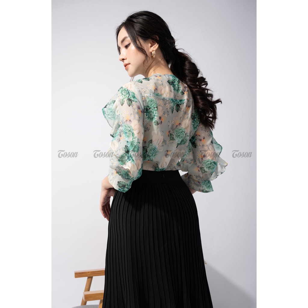 Áo sơ mi tơ hoa xanh, tay liền can bèo cá tính - TOSON - 14522X11