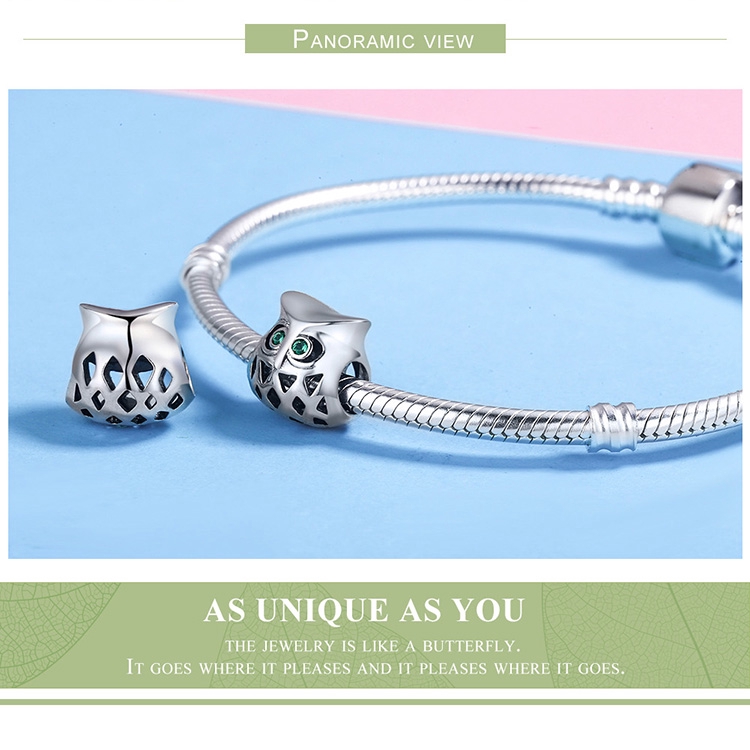 Hạt phụ kiện Bamoer SCC424 bằng bạc thật 925 thiết kế hình cú mèo khoét rỗng xinh xắn dùng làm trang sức