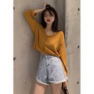 🤡Croptop Tay Dài Cổ V Gài Nút