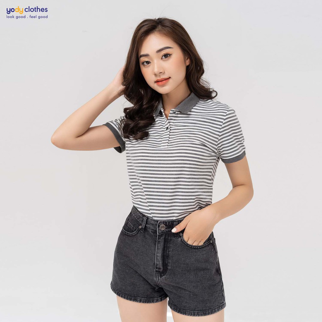 Áo polo nữ YODY kẻ sọc melange dáng basic chất vải mềm mịn APN4172