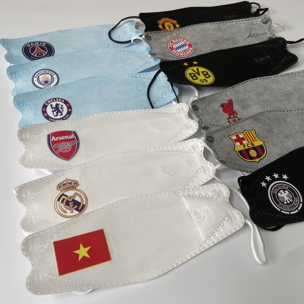Set 3 khẩu trang y tế KF94 in logo CLB bóng đá Manchester United, Arsenal, Real Madrid, Chelsea, Liverpool, Barca,...
