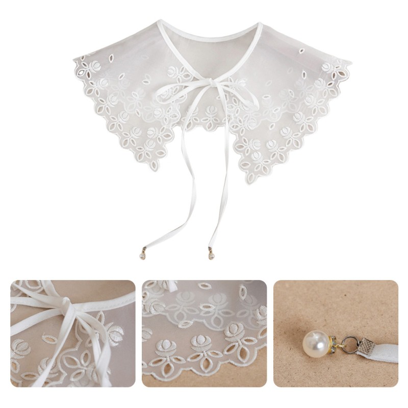 san* Women Hollow Out Floral Lace Fake Collar Shawl Wrap Elegant Sheer Mesh Tulle Half Shirt Necklace Faux Pearl Ribbon Lace-Up Decorative Mini Poncho Capelet pearl false collar
