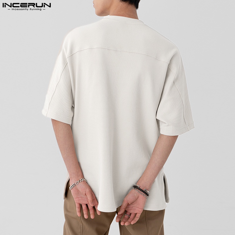 Áo thun INCERUN tay ngắn cổ tròn dáng rộng phối lưới ngọc trai phong cách Hàn Quốc độc đáo cho nam