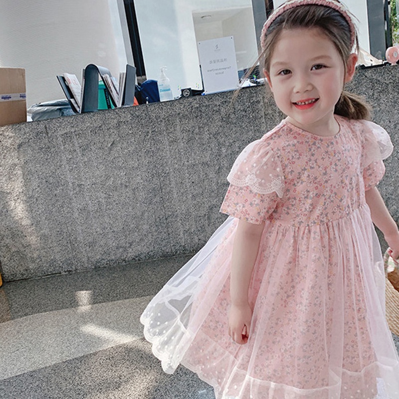 Đầm Cotton Phối Lưới In Hoa Xinh Xắn Cho Bé Gái Màu Vàng/Hồng