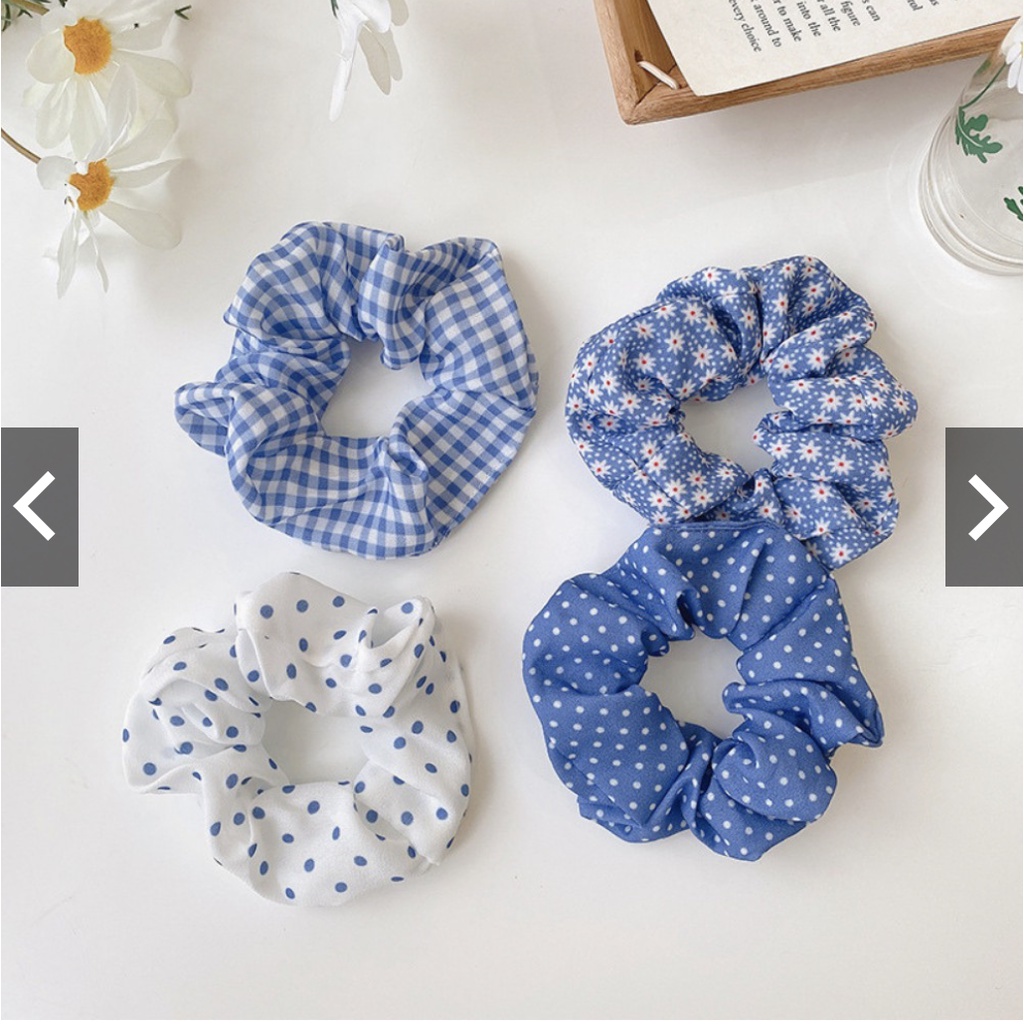 Dây cột tóc - Scrunchies cột tóc hoạ tiết caro/hoa/chấm bi màu xanh dương phong cách Hàn Quốc