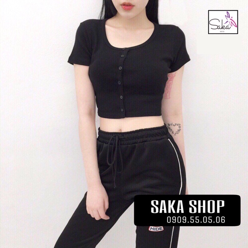 Áo croptop nữ nút trắng đen vải thun gân tăm loại xịn