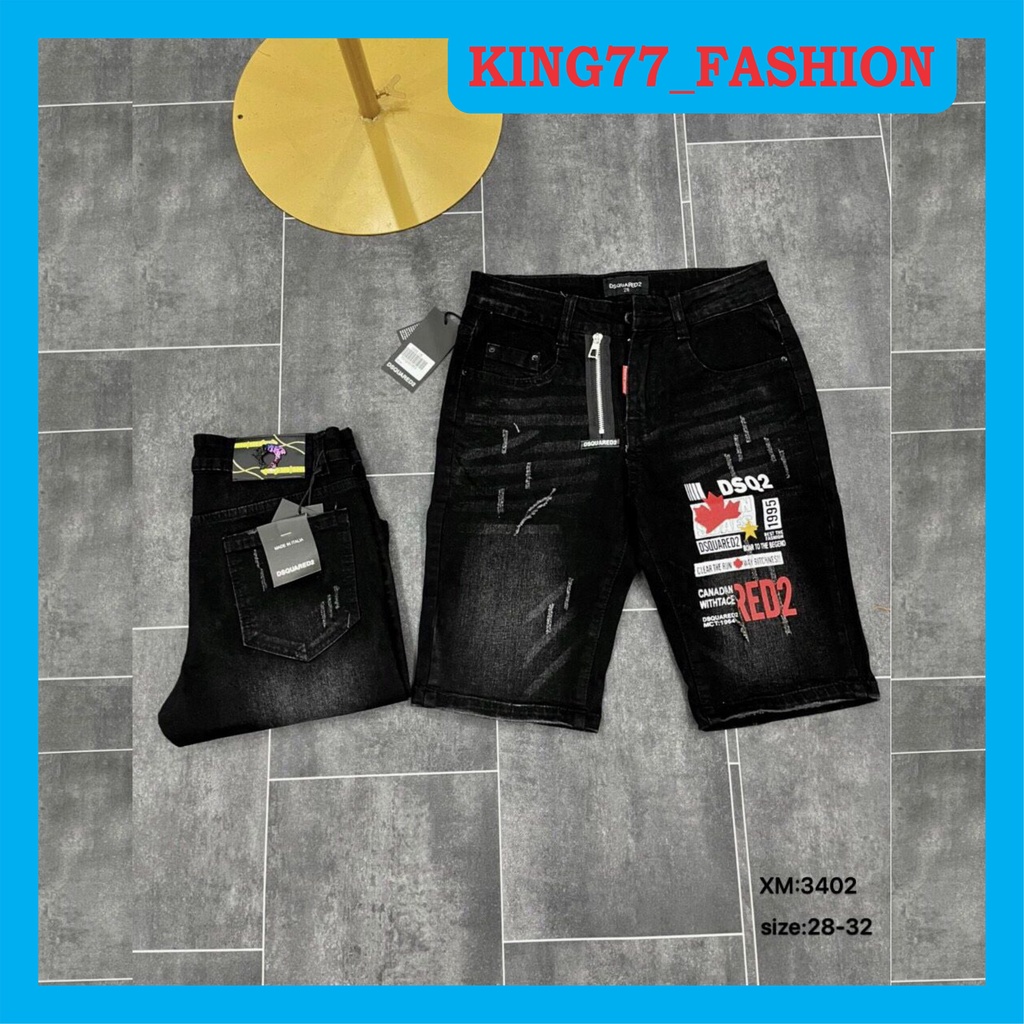 Quần short jean nam đen in họa tiết, quần đùi nam chất jean vải dày co dãn phong cách cá tính