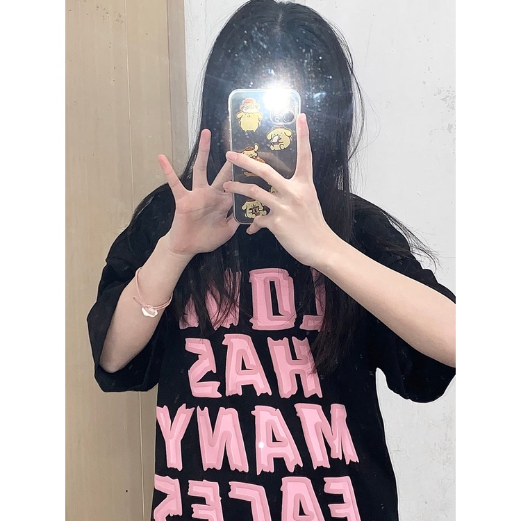 Áo Thun Nữ Ngắn Tay Màu Đen In Chữ Phong Cách Retro Mỹ