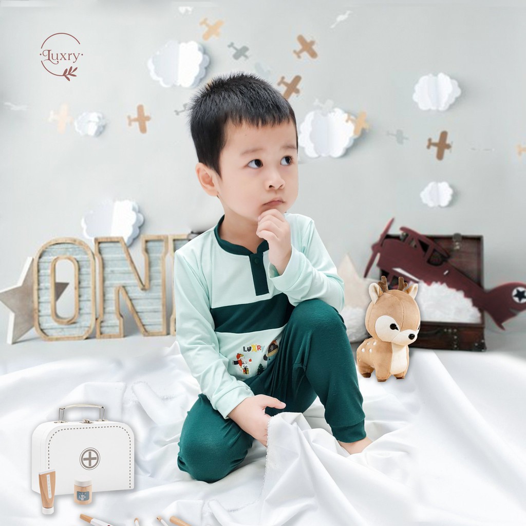 Bộ quần áo dài tay cổ trụ cho bé phối màu dễ thương, vải siêu thoáng nhà Luxry từ 6 tháng đến 4 tuổi