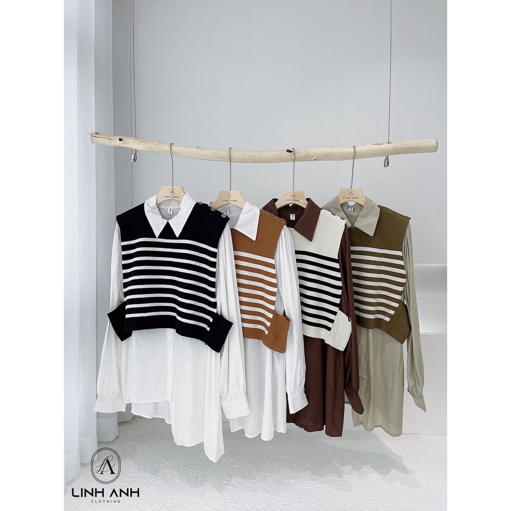 Set sơ mi kèm gile len kẻ 3 màu