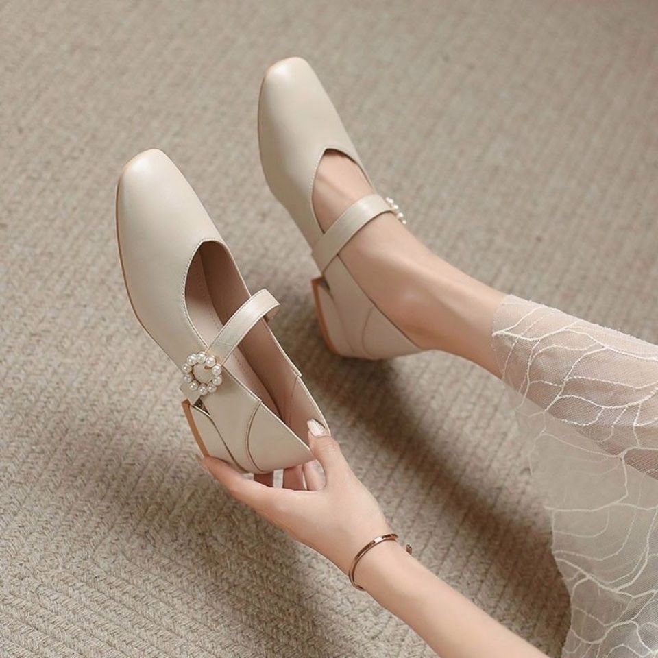 Giày sandal IELGY Mary Jane bằng da mềm mũi vuông gót thấp thời trang cho nữ