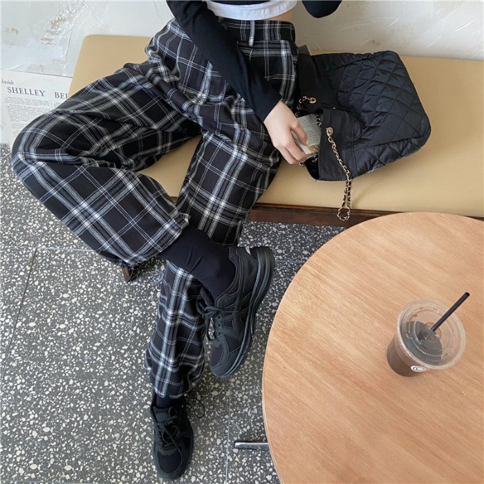 Plaid trousers, women's women's trousers, casual pants, women's thin, versatile, high-waist, drape wide-leg pants