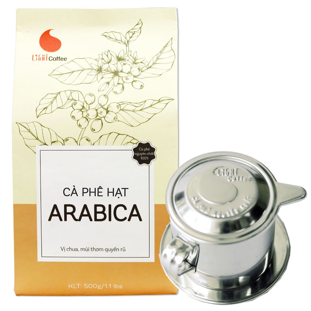 Combo phin pha cà phê inox cao cấp và cà phê hạt nguyên chất 100% Arabica Light Coffee 500gr