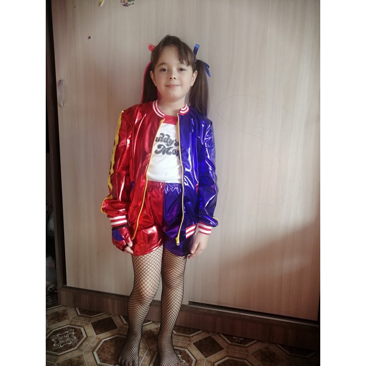 Harley Quinn Child Dress Girl Cosplay Suicide Squad Halloween Clown Jacket Quần short Phụ kiện đầy đủ