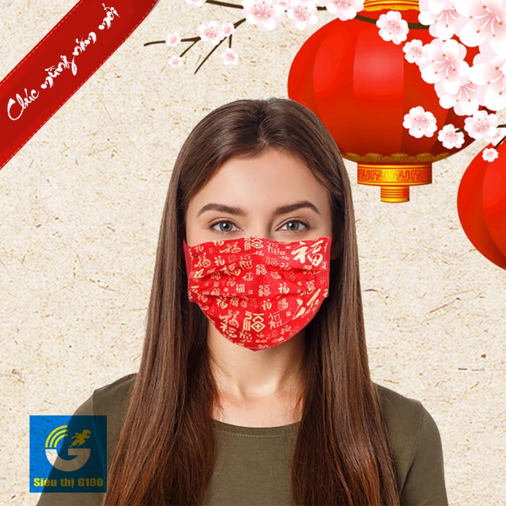 [Năm mới] 10 khẩu trang đỏ 4 lớp chữ Phúc an khang thịnh vượng