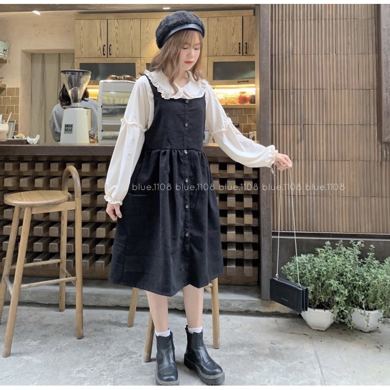 Set váy kèm yếm sơ mi chất nhung tăm màu nâu tây vintage QC