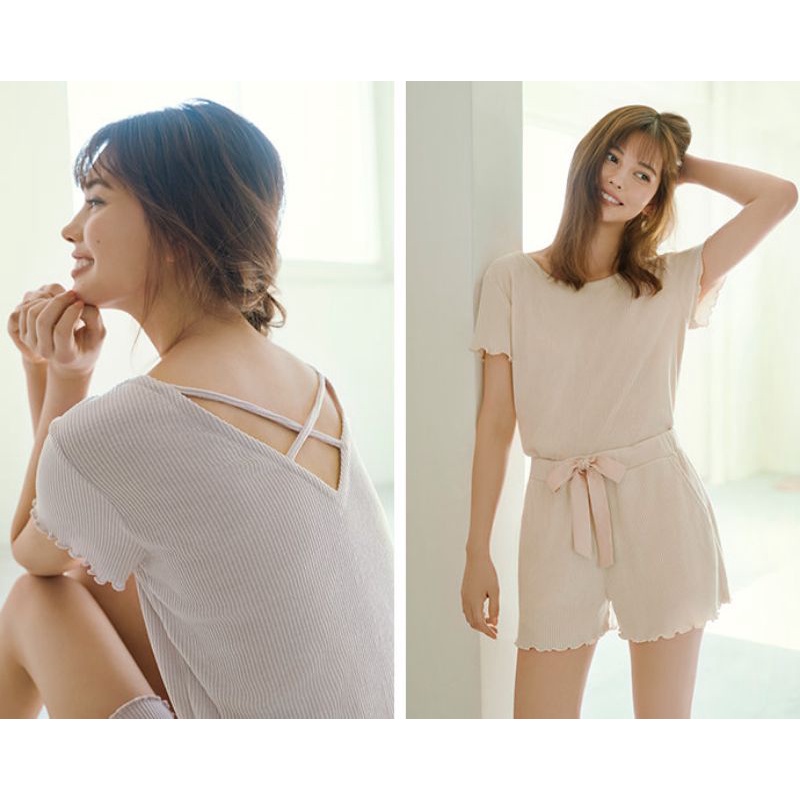 Nữ - Bộ mặc nhà áo ngắn tay quần cộc chất thun tăm mềm mại nơ eo - Waist Ribbon Rib Lounge Set
