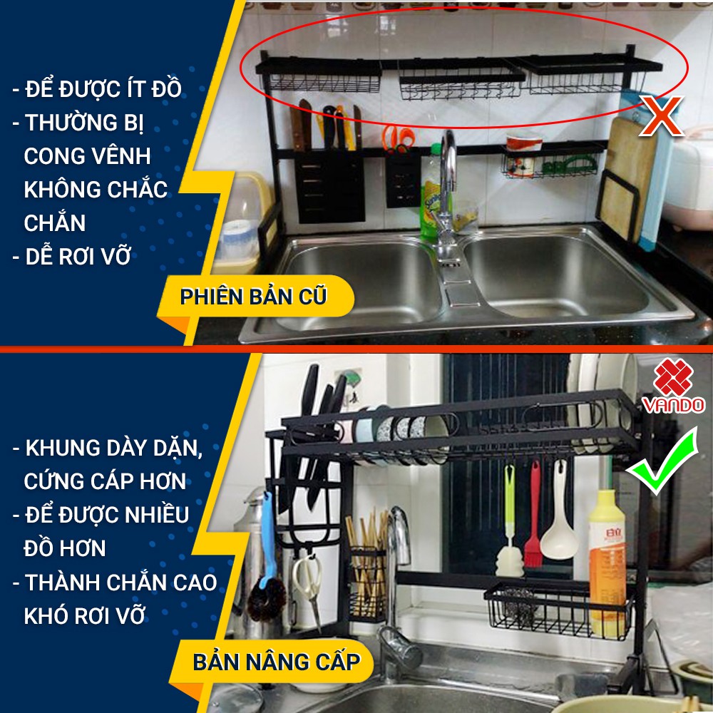 Kệ Để Chén Đĩa Thông Minh VANDO Trên Bồn Rửa Bát Sơn Đen Cao Cấp 2021, Giá Đựng Bát Đũa Gia Vị