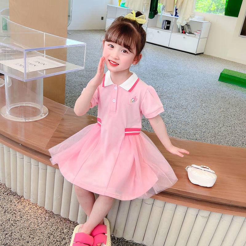 Áo đầm cổ polo dài trung bình tay ngắn phong cách sinh viên phương Tây Hàn Quốc dành cho bé gái
