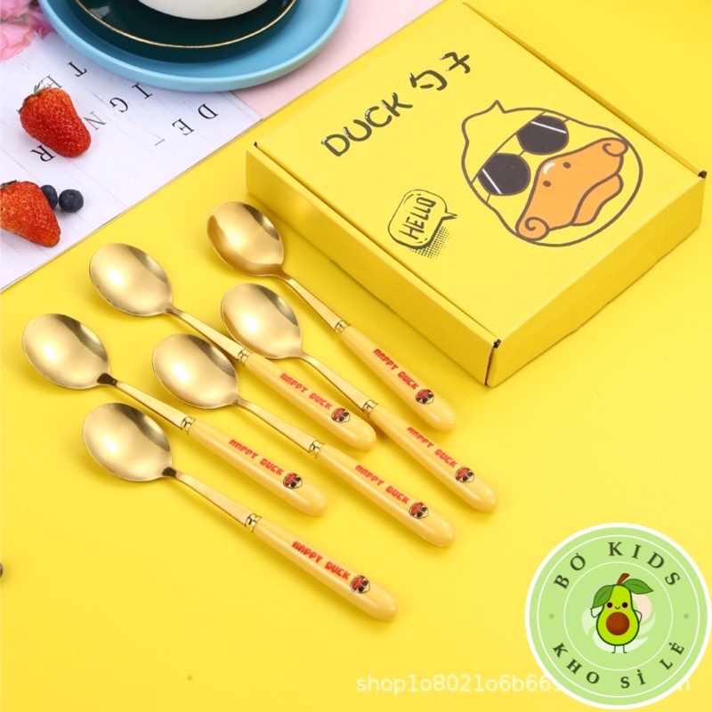 Set 6 thìa vịt vàng DUCK dễ thương kèm vỏ hộp xinh xắn - Bộ 6 muỗng hình vịt mạ vàng