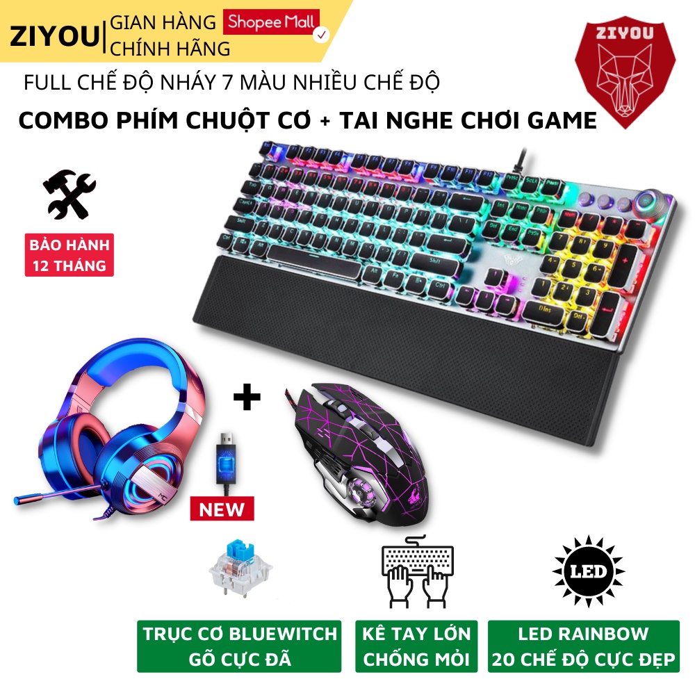Combo gaming bộ phím chuột và tai nghe gaming ZIYOU cao cấp bàn phím cơ full size gõ cưc đã, 20 chế độ led, FZ508+V5+Q9