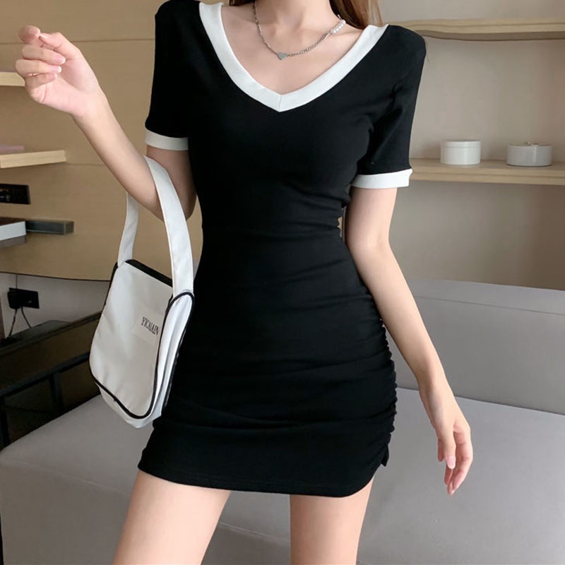 IELGY Đầm Tay Ngắn Cổ Chữ V Dáng Ôm Thời Trang Dành Cho Nữ