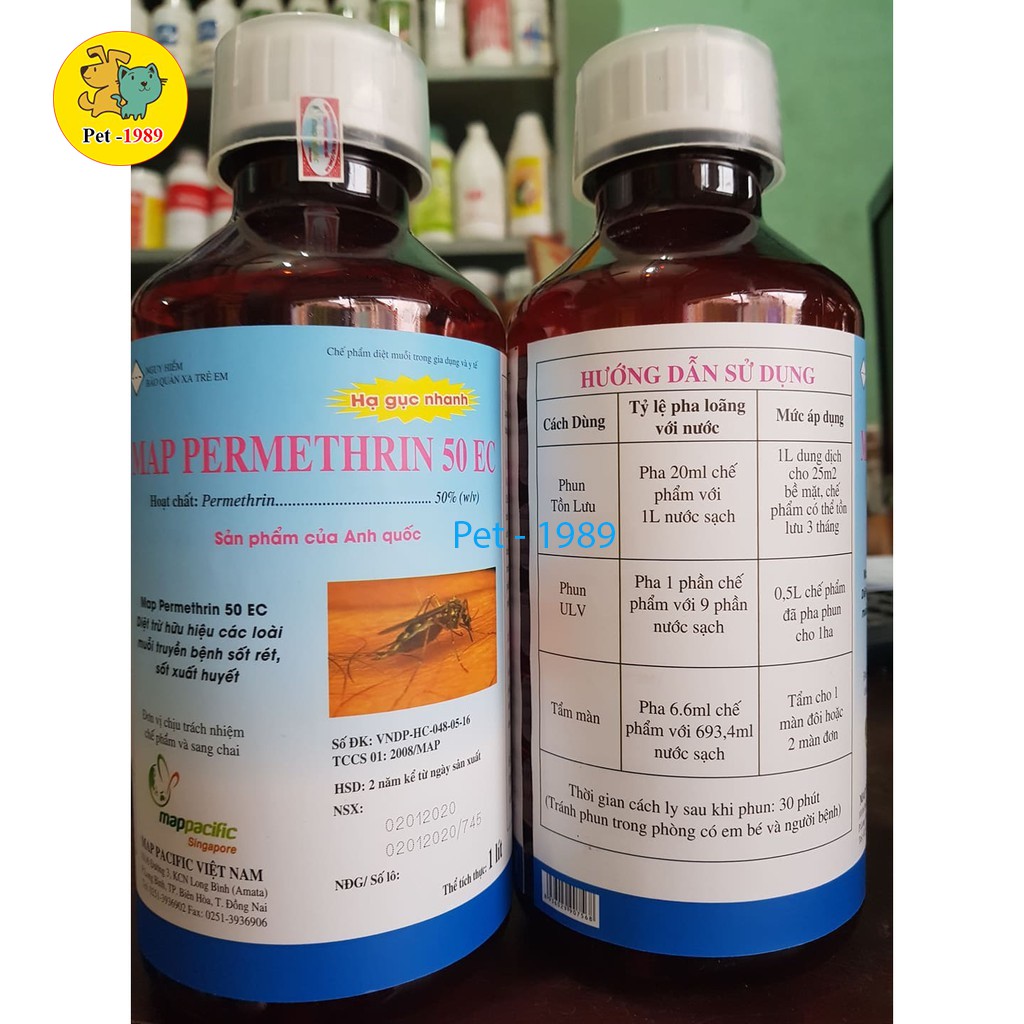 Thuốc diệt muỗi, con trùng PERMETHRIN 50EC Chai nhựa 1L (1000ML). Pet-1989