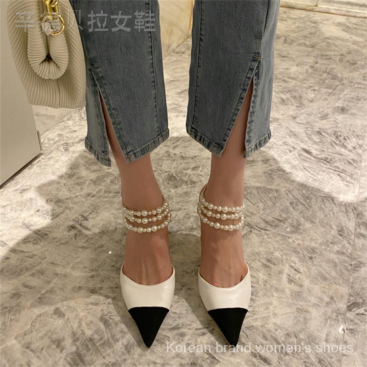 2021Autumn New Pointed-Toe Colorblock Thin Strap Pearl Decoration Stiletto Heel Mid Heel Shoes High Heel Women's Sandals