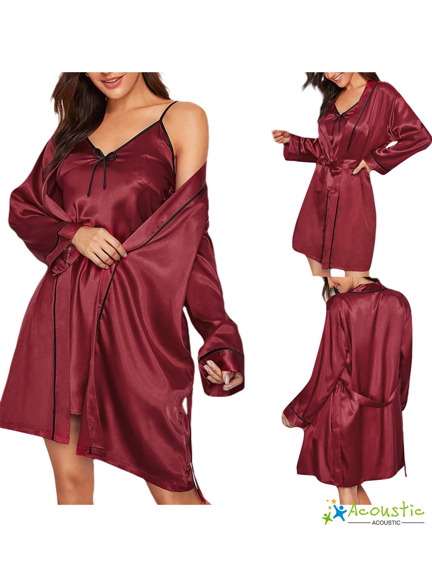 Ns-Women Sling Nightwear, Lace-up Bathrobe, V-Neck Bowknot Stain, Long-Sleeved Coat 2pcs Bedroom Sleeping Suit | BigBuy360 - bigbuy360.vn