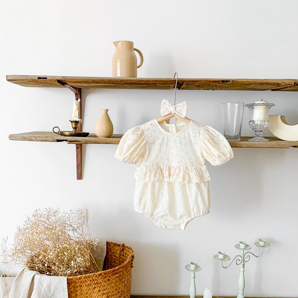 Bộ Áo Liền Quần + Băng Đô Nơ Tay Ngắn Dễ Thương Thời Trang Mùa Hè Cho Bé Gái