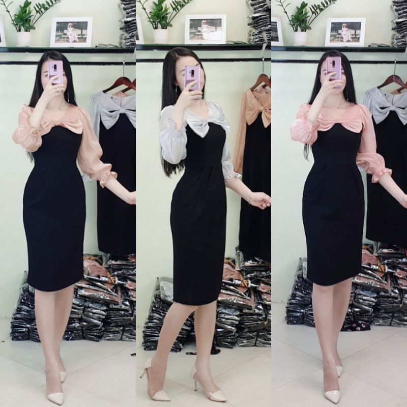 Váy body nơ to  phối tơ cao cấp là hàng thiết kế may kỹ ,trẻ xinh và tôn dáng, chất Xước Thái dày mịn mướt. Ảnh thật.