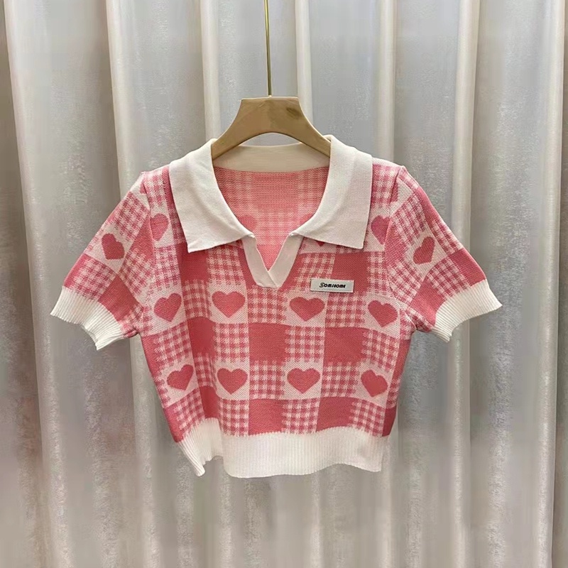 Áo polo SUXI dệt kim tay ngắn họa tiết sọc caro thời trang mùa hè cho nữ