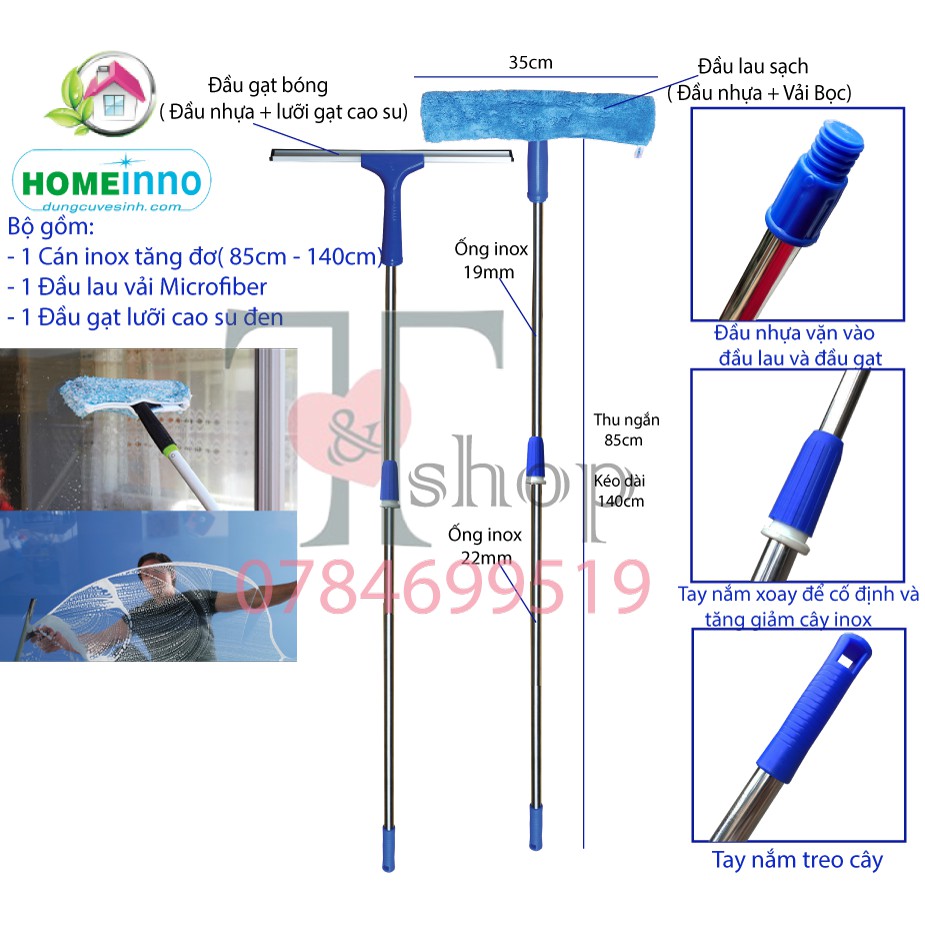 Bộ Cây Lau Kính, Gạt Chùi Kiếng Homeinno Cán Dài 1m4 (2 Đầu Rời/Đầu 2 Trong 1)