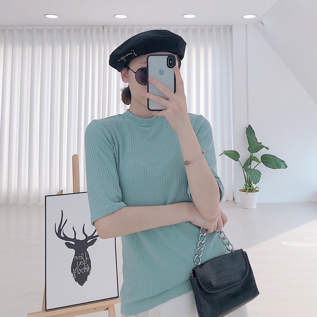 Áo Len Tăm Cộc Tay SANJOLI nữ tay ngắn cổ tròn kiểu Ulzzang Hàn Quốc Thiết kế Dáng Basic AO024 | BigBuy360 - bigbuy360.vn