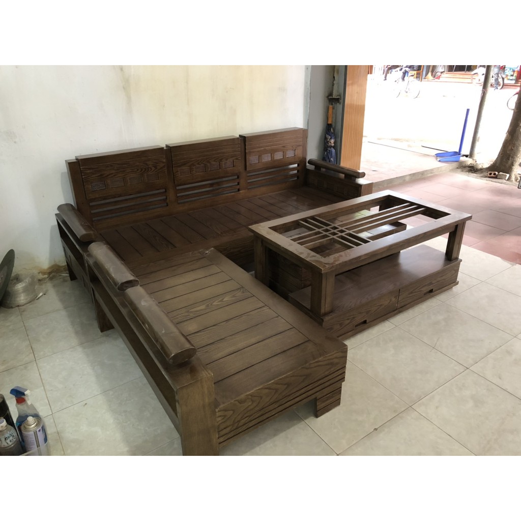 Bộ bàn ghế phòng khách gỗ Sồi 1.8x2m phun màu Óc chó