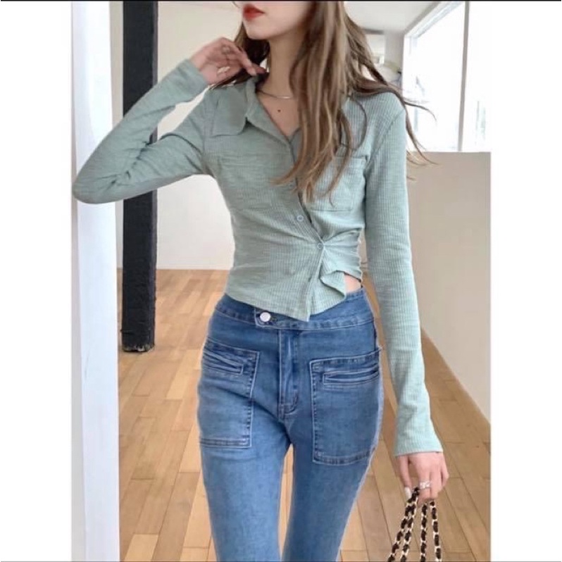 Áo kiểu tay dài polo ôm sát người xoắn eo có túi trơn len mềm - Order taobao quảng châu